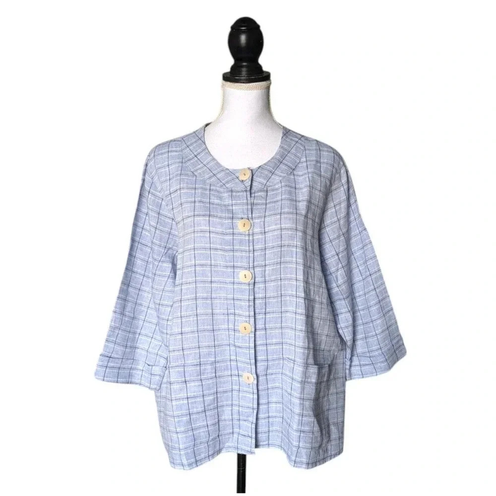 Flax 100% Linen Blue Windowpane Grid Plaid 3/4 Sleeve Button Front Blouse Small